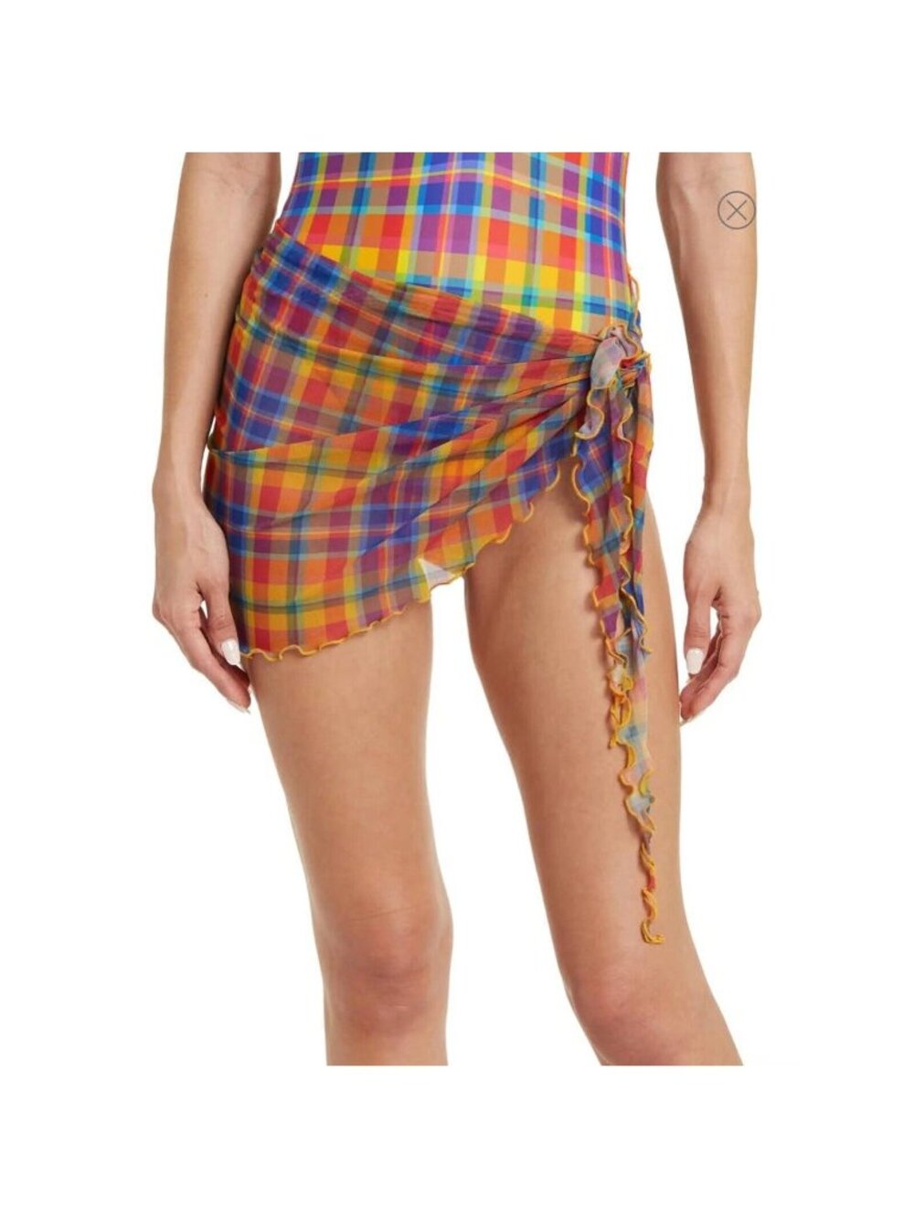 WeWoreWhat Bathing Suit Cover Up Rainbow Plaid Madras Tie Front Top Mini Sarong